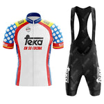 The Mars White Retro Short Sleeve Cycling Set includes a customizable white, blue, red, and yellow cycling jersey with polka dot sleeves and Teka logo, plus black bib shorts featuring Teka branding.