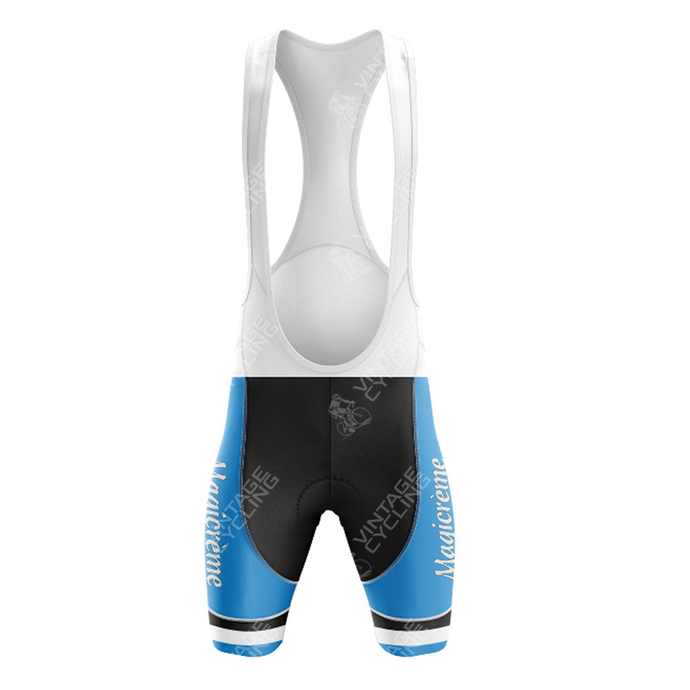 Front view of Todeka Magicreme cycling bib shorts with white straps, black and blue legs, and “Magicienne” on the left thigh. Subtle logos complete the look, pairing perfectly with the Margnat Paloma Retro Short Sleeve Cycling Set.