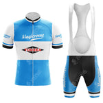 The Margnat Paloma Retro Short Sleeve Cycling Set features a blue, white, and black jersey with front zipper and Todeka Magicreme logos, plus bib shorts with white shoulder straps for comfort and style.