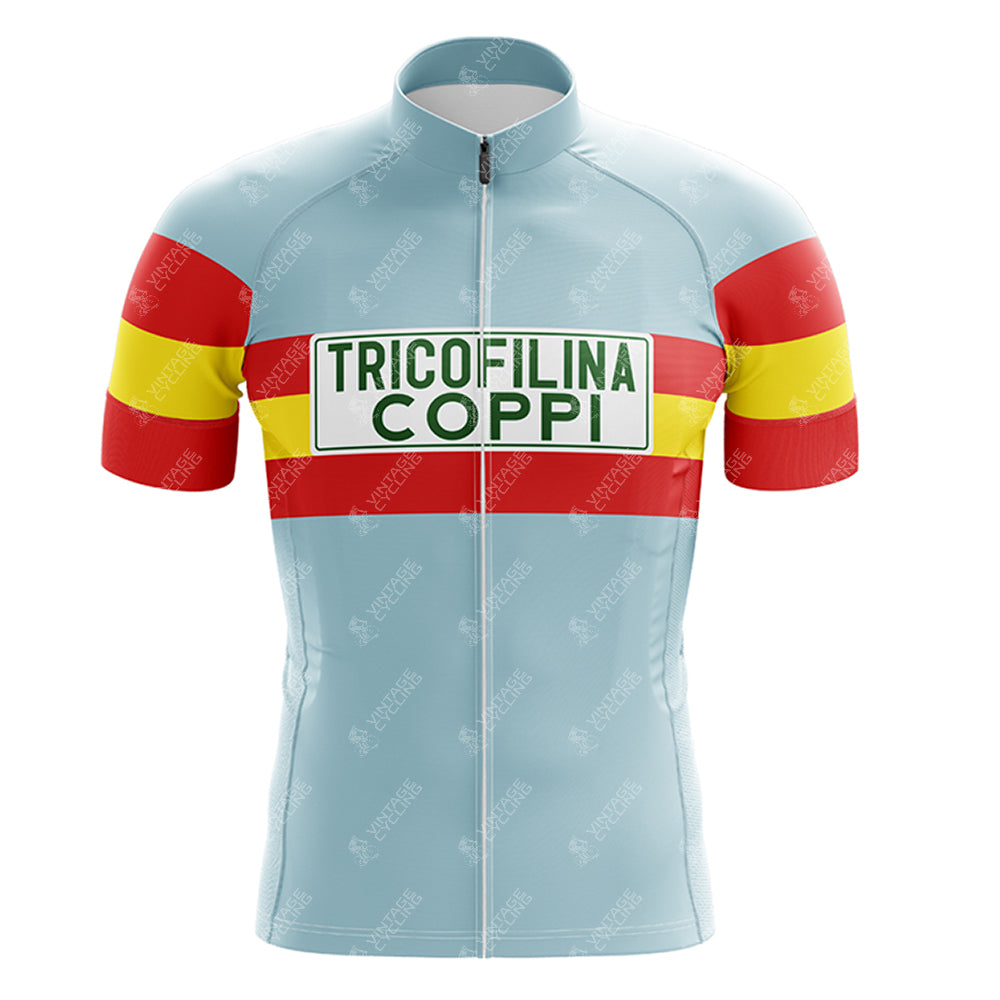 The FIAT Retro Short Sleeve Cycling Set features a light blue design with red and yellow chest and sleeve stripes, plus a white rectangle patch with green “TRICOFILINA COPPI”—perfect for fans of classic customizable cycling gear.