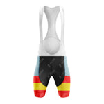The FIAT Retro Short Sleeve Cycling Set features bib shorts with white straps, a light blue upper, black midsection, and classic red-yellow-red stripes on the lower thighs for a timeless cycling look.
