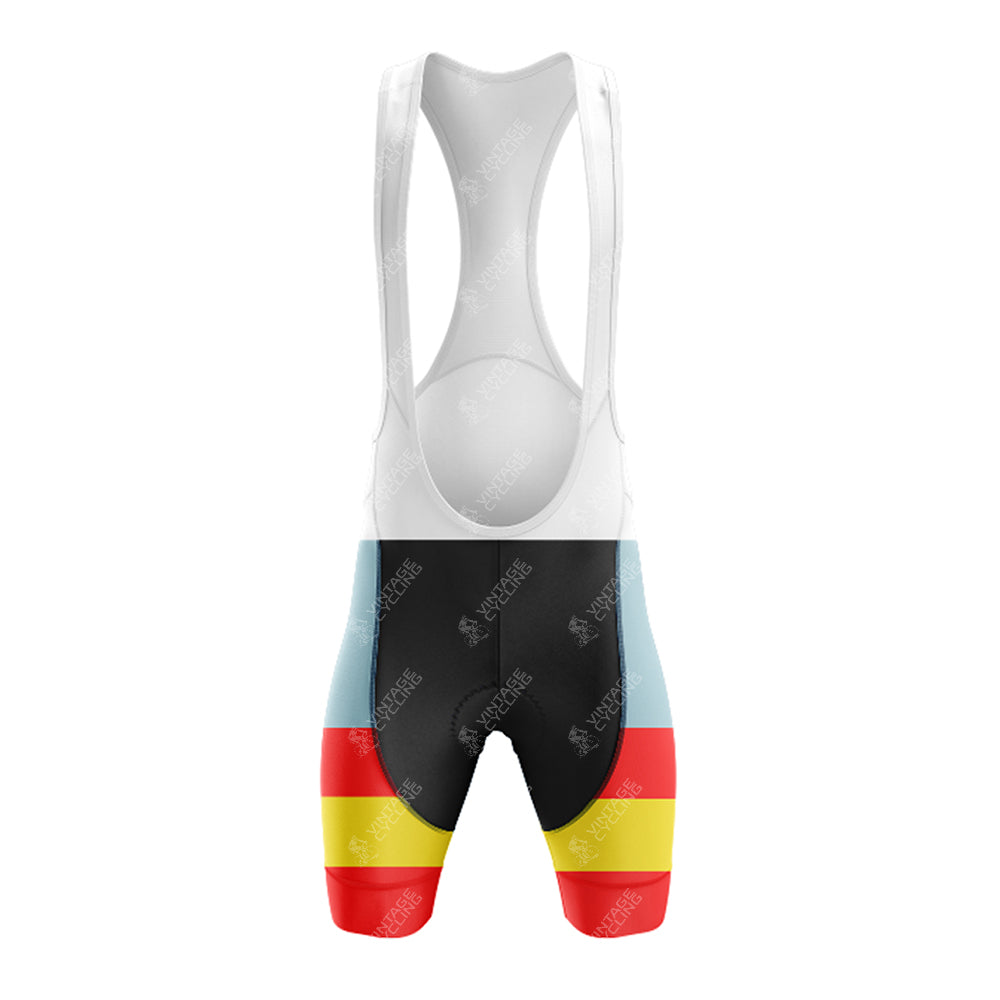 The FIAT Retro Short Sleeve Cycling Set features bib shorts with white straps, a light blue upper, black midsection, and classic red-yellow-red stripes on the lower thighs for a timeless cycling look.