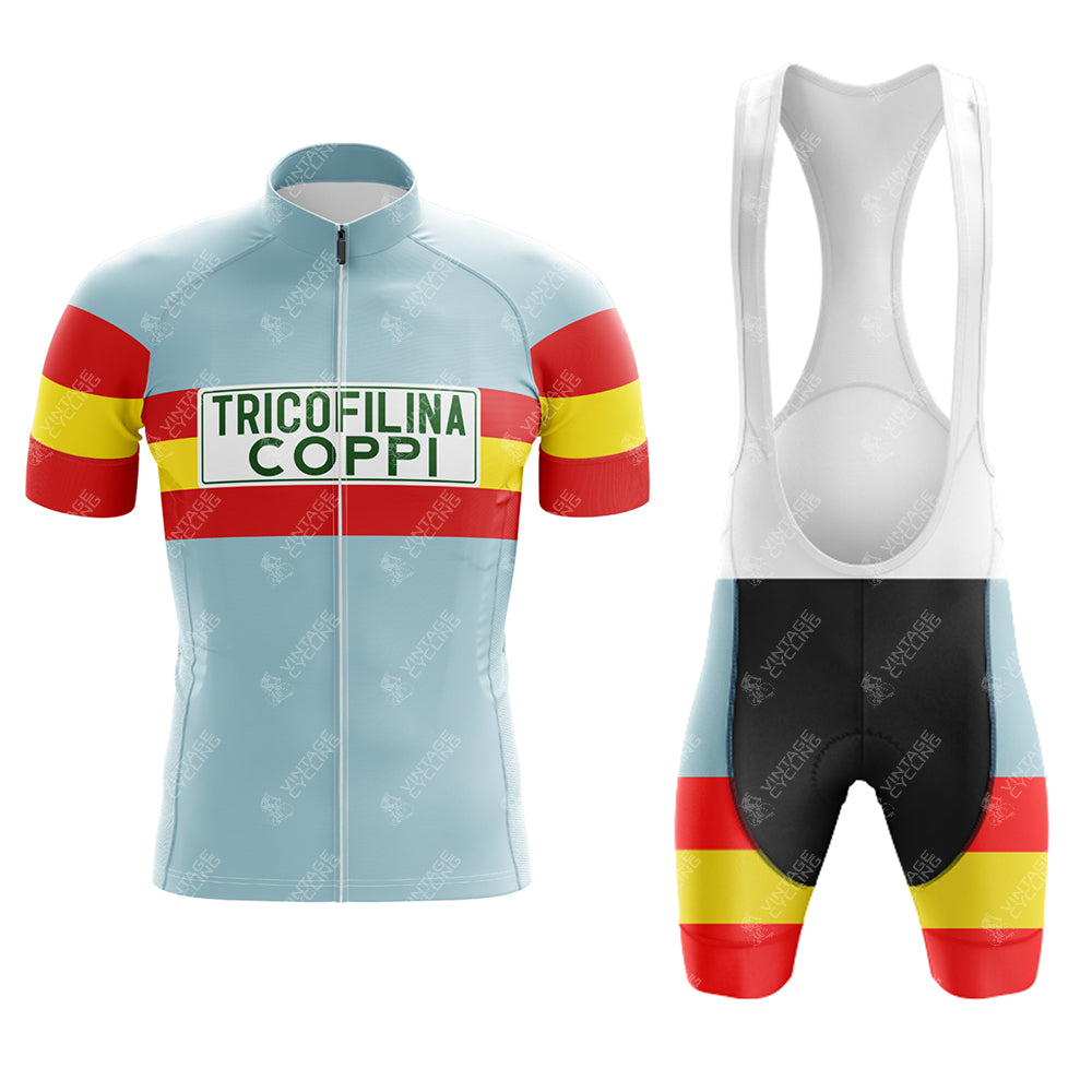 The FIAT Retro Short Sleeve Cycling Set includes a light blue jersey with red and yellow striped sleeves, a white "Tricofilina Coppi" panel, and matching bib shorts with white straps, black panels, and red-yellow leg bands.