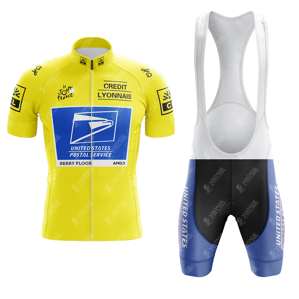 The EPEDEX Tricatel Retro Short Sleeve Cycling Set features a yellow jersey with sponsor logos and a blue-and-white US Postal Service design, paired with blue and black bib shorts labeled UNITED STATES.