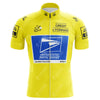 The US Postal Service Yellow Tour de France Retro Cycling Jersey displays a bright yellow design with the Tour de France logo, Credit Lyonnais, and US Postal Service logos. Inspired by Lance Armstrongs iconic era, it includes a prominent front-center blue square for a nostalgic touch.