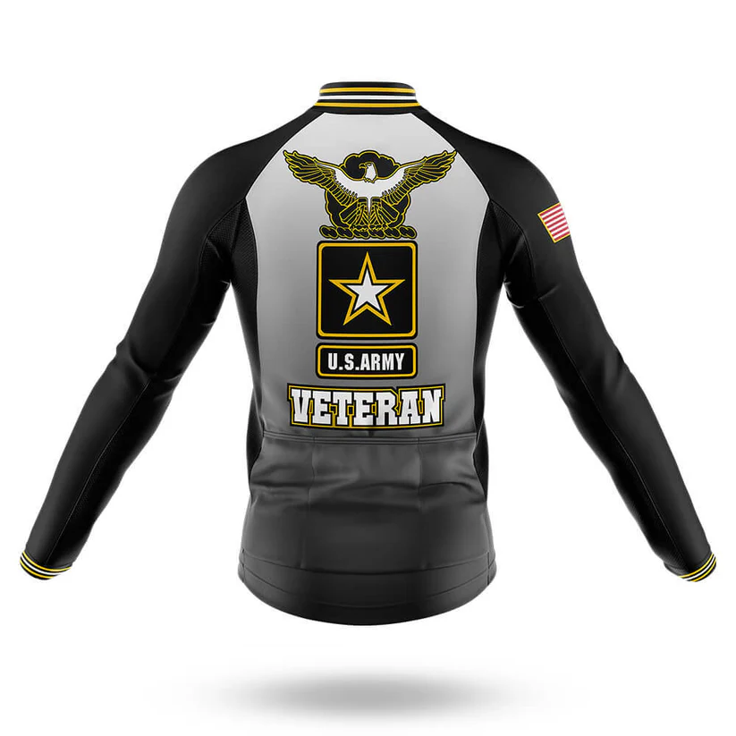 A black and gray U.S. Air Force Veteran Long Sleeve Cycling Jersey shown from the back, featuring a large U.S. Air Force emblem, eagle, star, the word VETERAN, and a small American flag patch on the right sleeve—ideal for proud veterans.