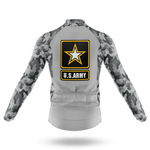 The Specialized Long Sleeve Cycling Jersey is shown from the back in gray camouflage, displaying a bold U.S. Army emblem with a white star on black and "U.S. ARMY" text below—ideal for riders after a military-inspired look.