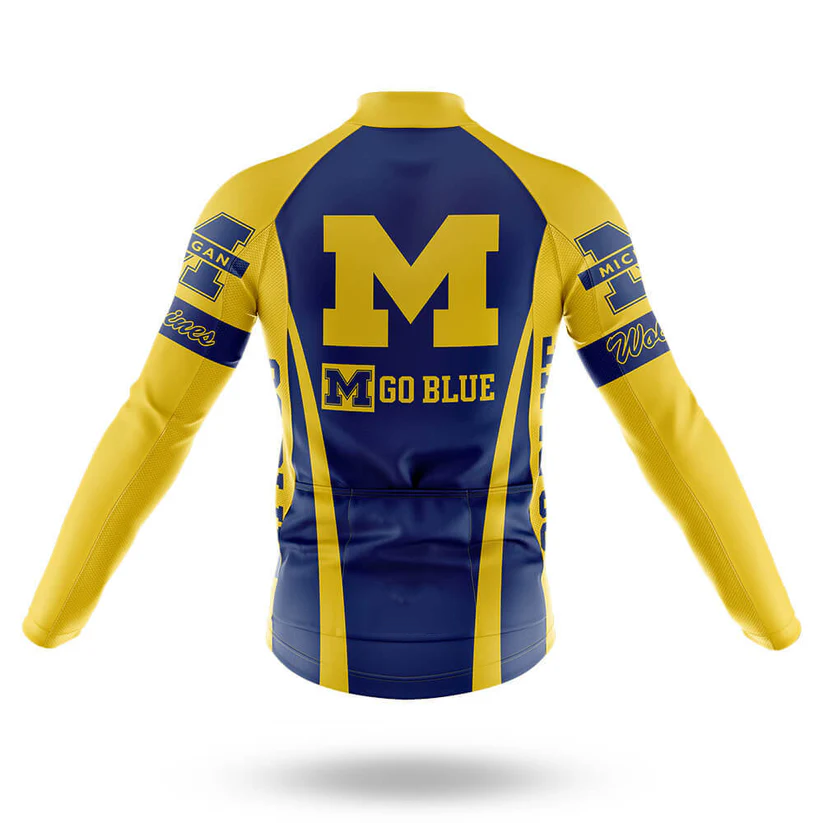 The I Ride Like An Old Man Long Sleeve Cycling Jersey is a lightweight polyester cycling jersey in navy and yellow, featuring retro style with Michigan Wolverines logos—perfect for fans who love classic cycling apparel.