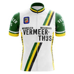 The Vermeer-Thus Meubelen Retro Cycling Jersey, made from lightweight polyester, features green, yellow, and black stripes on a white background with VERMEER THUJS text and logo on the chest. Green sleeves display the white text VERMEER-THUS MEUBELEN.