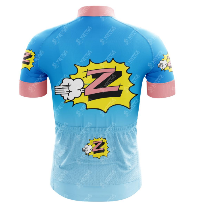 Back view of the Vetements Enfants Team Z Retro Cycling Jersey in blue with pink sleeves, showcasing a yellow comic-style Z graphic and a white cloud design on the back and lower pocket area, echoing Team Zs vibrant style.