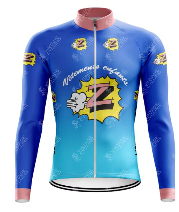 The Team Z retro cycling jersey by Vetements Enfants is available in blue and pink with long sleeves. It features comic-style Z logos, a fist and burst motif, and the text Vêtements Enfants on the front.