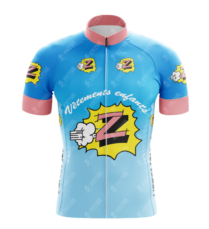 The Vetements Enfants Team Z Retro Cycling Jersey features a vibrant blue design with pink sleeves and comic-style Z logos. The largest logo includes a speech bubble with the French text Vêtements Enfants, making it perfect for Team Z enthusiasts.