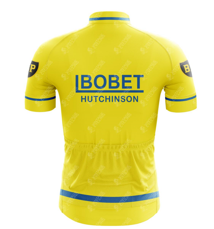 The Louison Bobet Hutchinson BP Retro Cycling Jersey boasts a yellow design with blue accents and the text BOBET HUTCHINSON in blue on the back, inspired by Louison Bobets Tour de France style. It features sleeve logos, a high collar, and three lower back pockets.