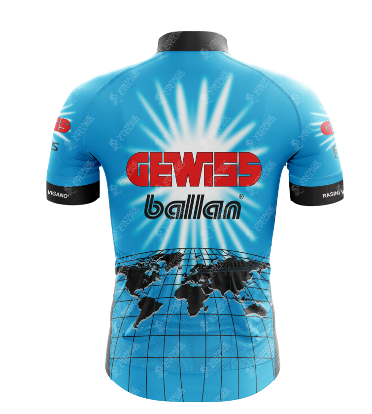 This Gewiss-Ballan Retro Cycling Jersey features a blue design with a black world map and grid, highlighted by the Gewiss and Ballan logos on the back. Made from lightweight polyester, it combines comfort with style to pay homage to iconic retro cycling jerseys.