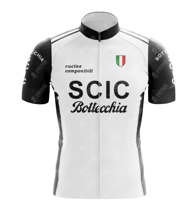 The SCIC Bottecchia Retro Cycling Jersey is a lightweight white polyester piece featuring bold black SCIC Bottecchia text, an Italian flag emblem on the chest, and black sleeves with white branding. Subtle cucine componibili and Bottecchia details enhance the sleeves and shoulders.