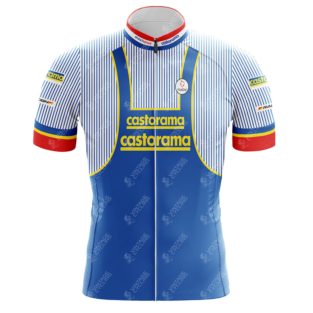Enjoy the timeless appeal of the Castorama Retro Cycling Jersey, made from lightweight polyester for comfort and breathability. This blue and white striped jersey is accented with vibrant red, yellow, and blue, featuring castorama and sponsor logos prominently displayed.