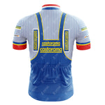The Castorama Retro Cycling Jersey features vertical blue and white stripes with a red collar and cuffs. Made from lightweight polyester, it offers a comfortable, breathable fit. Castorama appears in yellow on the blue suspender-like back design.