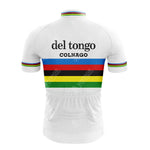 The Historisch-Sigma Retro Short Sleeve Cycling Set includes a COLNAGO jersey with vibrant rainbow stripes on the back and sleeve edges, featuring del tongo text. Predominantly white, this World Champion-style piece is ideal for enthusiasts wanting a classic cycling appearance.
