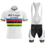 The Historisch-Sigma Retro Short Sleeve Cycling Set features a white jersey and bib shorts adorned with vibrant blue, red, green, yellow, and black stripes. The jersey includes del Tongo Colnago text and a front zipper, while the matching shorts complete the ensemble with colored accents.