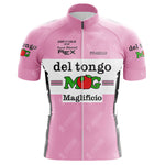 The Del Tongo-MG Maglificio Retro Cycling Jersey is pink with del tongo, Maglificio, and a tomato graphic. Made from lightweight polyester, it features sponsor logos like Giro d’Italia 1981 Franco Chioccioli and Pinarello, plus black and white side accents.