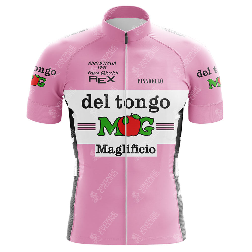 The Del Tongo-MG Maglificio Retro Cycling Jersey is pink with del tongo, Maglificio, and a tomato graphic. Made from lightweight polyester, it features sponsor logos like Giro d’Italia 1981 Franco Chioccioli and Pinarello, plus black and white side accents.