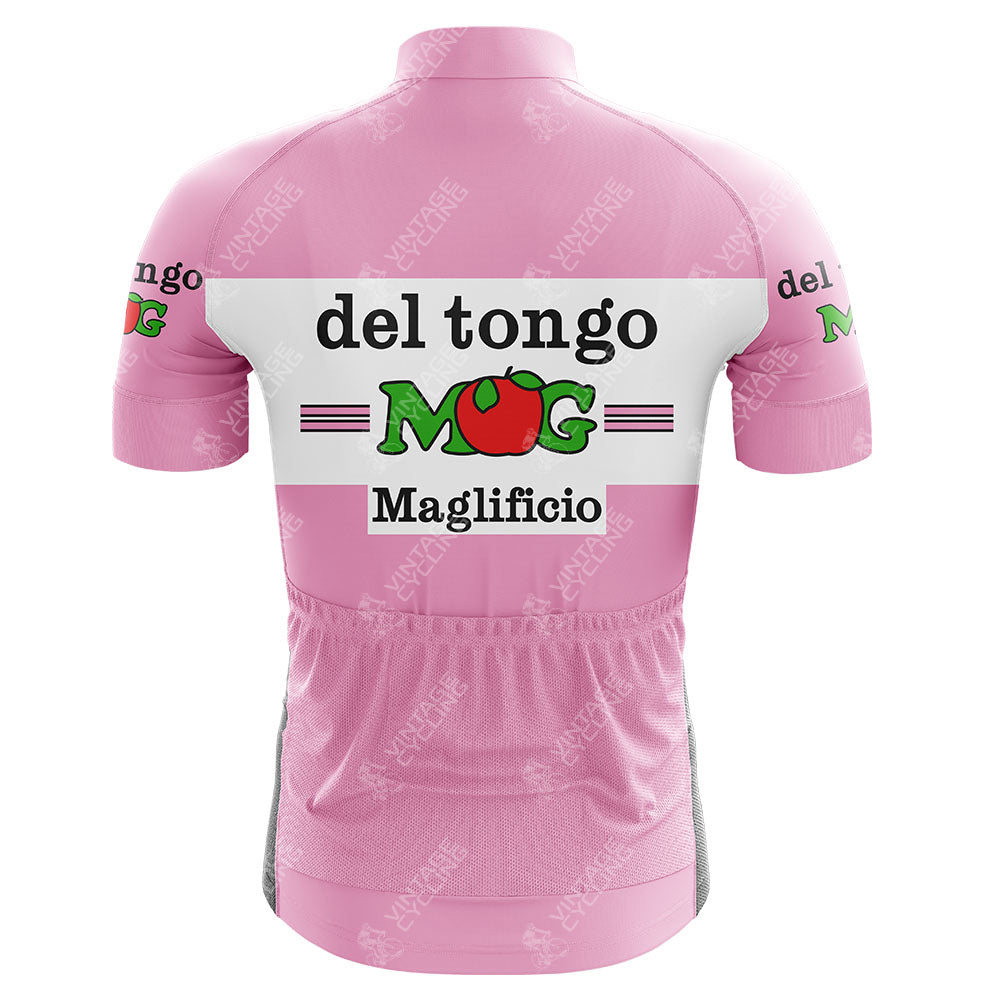 A pink Del Tongo-MG Maglificio Retro Cycling Jersey with black and green accents, crafted from lightweight polyester, features a minimalist design, short sleeves, and a convenient zippered back pocket.