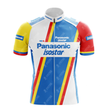 Enjoy the timeless style of the Panasonic-Isostar Retro Cycling Jersey. Made from lightweight polyester, it showcases classic blue, yellow, white, and red stripes with iconic Panasonic, Isostar, and aguila logos on the front and sleeves.