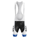 The Gllane Retro Short Sleeve Cycling Set features blue and black bib shorts with a white upper, showcasing the vertical number 424 on the sides and subtle VIVACE CYCLING text, capturing vintage cycling style.