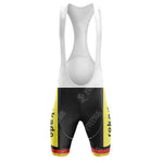 The Boule dOr Sunair Retro Short Sleeve Cycling Set features a white upper and black lower section with yellow panels bearing Rokado Retro Cycling. Red and black stripes enhance the bottom, while VINTAGE CYCLING is stylishly watermarked for a retro flair.