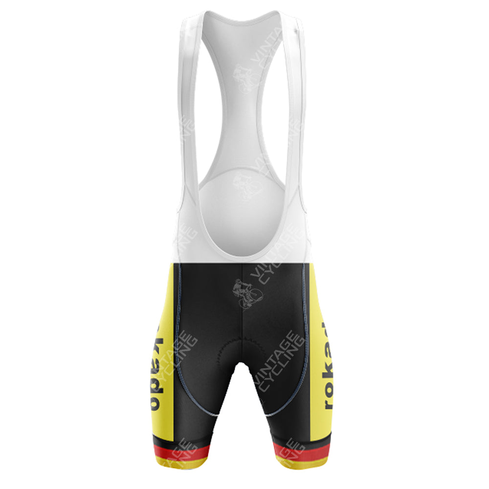 The Boule dOr Sunair Retro Short Sleeve Cycling Set features a white upper and black lower section with yellow panels bearing Rokado Retro Cycling. Red and black stripes enhance the bottom, while VINTAGE CYCLING is stylishly watermarked for a retro flair.