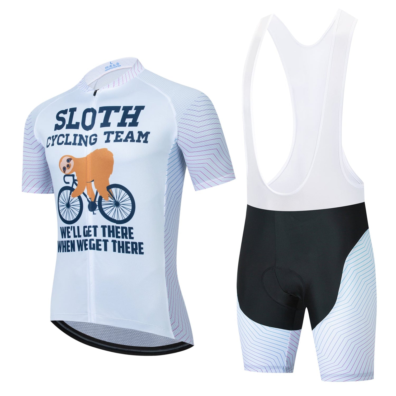 The Pearl White Zigs Sloth Cycling Team Set includes a white, sloth-themed cycling jersey with blue accents featuring SLOTH CYCLING TEAM and a cartoon sloth on a bike, along with matching bib shorts detailed in blue and white stripes, all crafted from lightweight polyester.