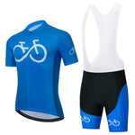 The Bike Logo Blue Cycling Jersey Set features a blue jersey with a white bicycle graphic and black and blue bib shorts. It includes a short-sleeved jersey with a front zipper and bib shorts with white straps, perfect for any ride.