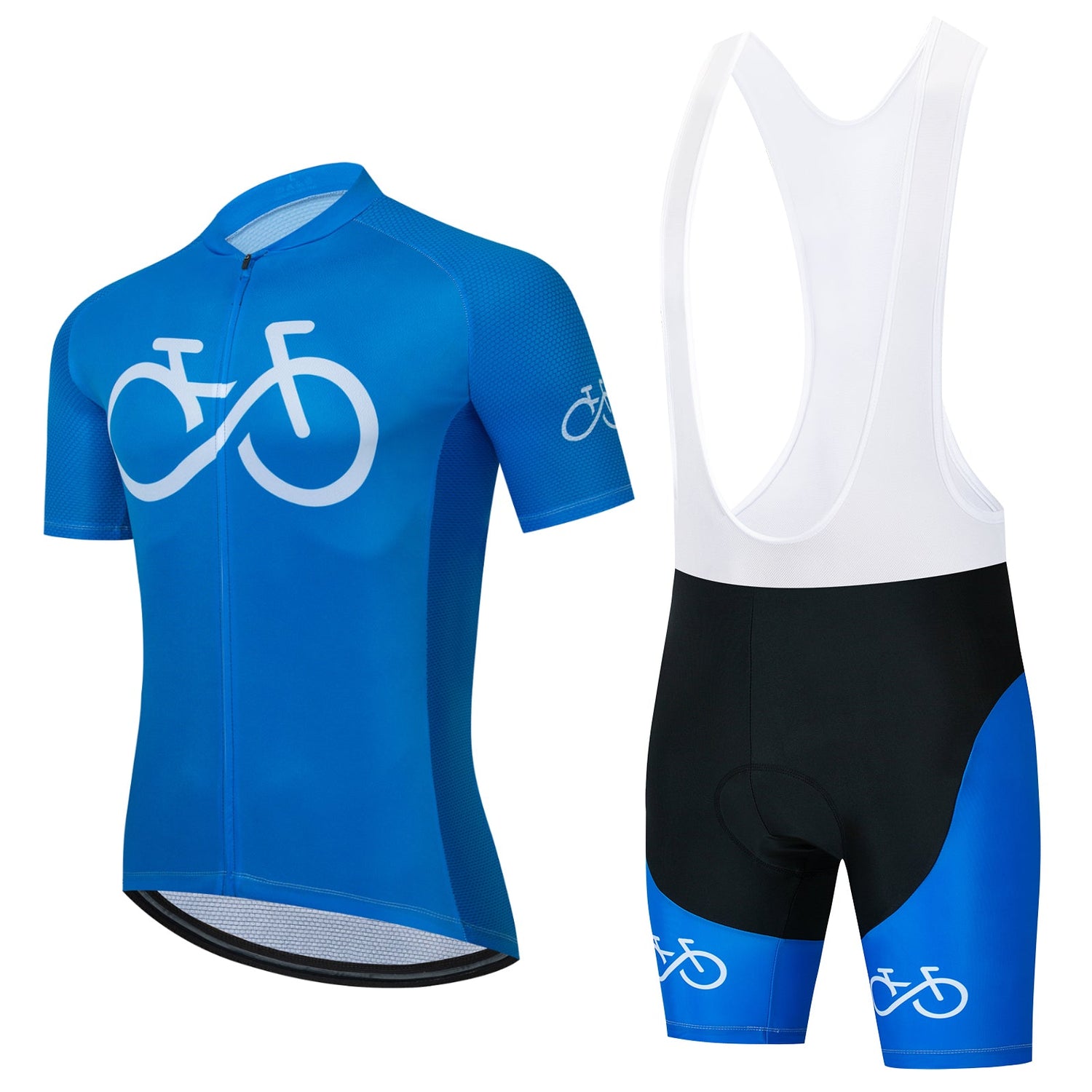 The Bike Logo Blue Cycling Jersey Set features a blue jersey with a white bicycle graphic and black and blue bib shorts. It includes a short-sleeved jersey with a front zipper and bib shorts with white straps, perfect for any ride.