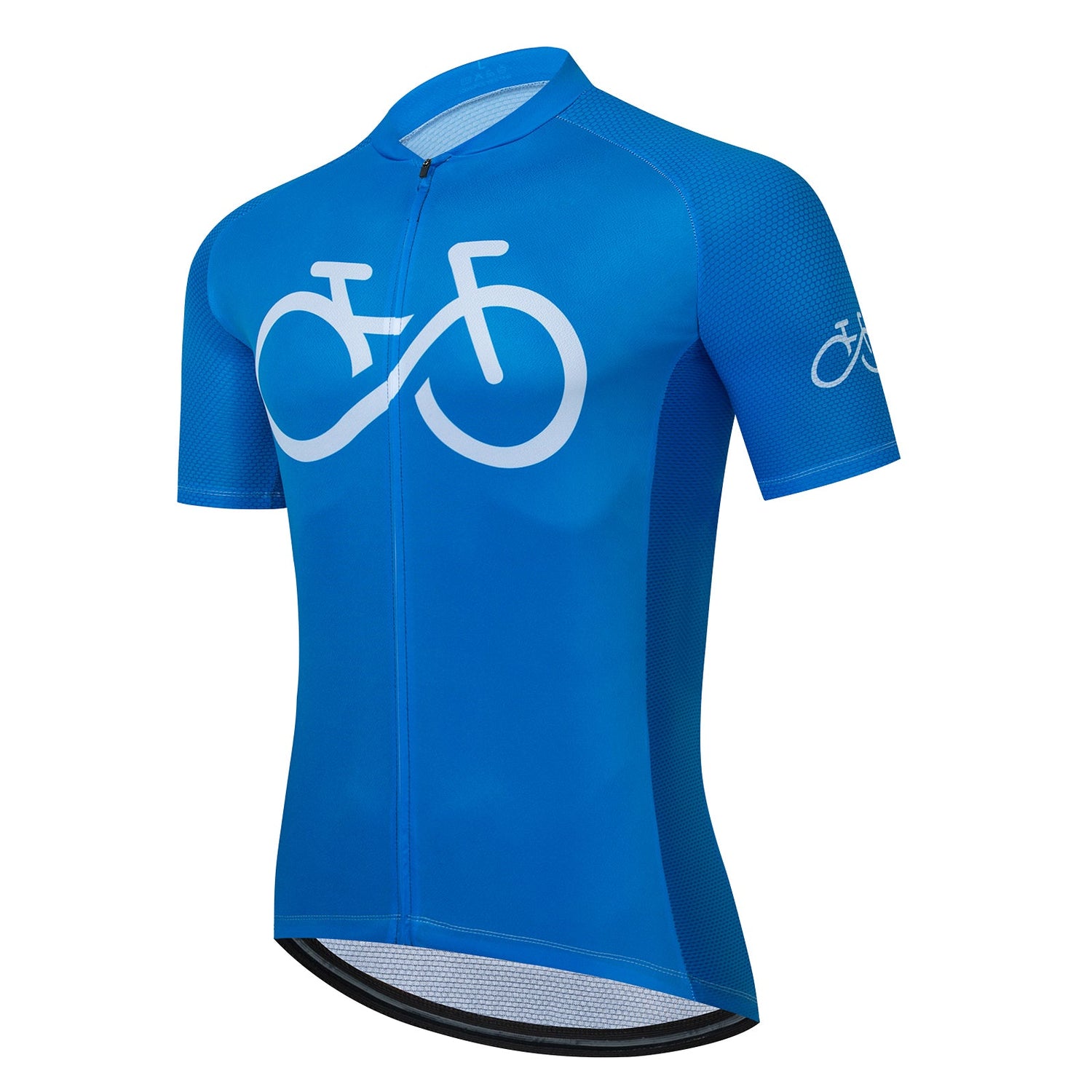 The Bike Logo Blue Cycling Jersey Set features a blue jersey with short sleeves, complete with a white bicycle graphic on the chest and left sleeve. This performance gear includes a full-length front zipper and a slightly curved hem for comfort during rides.