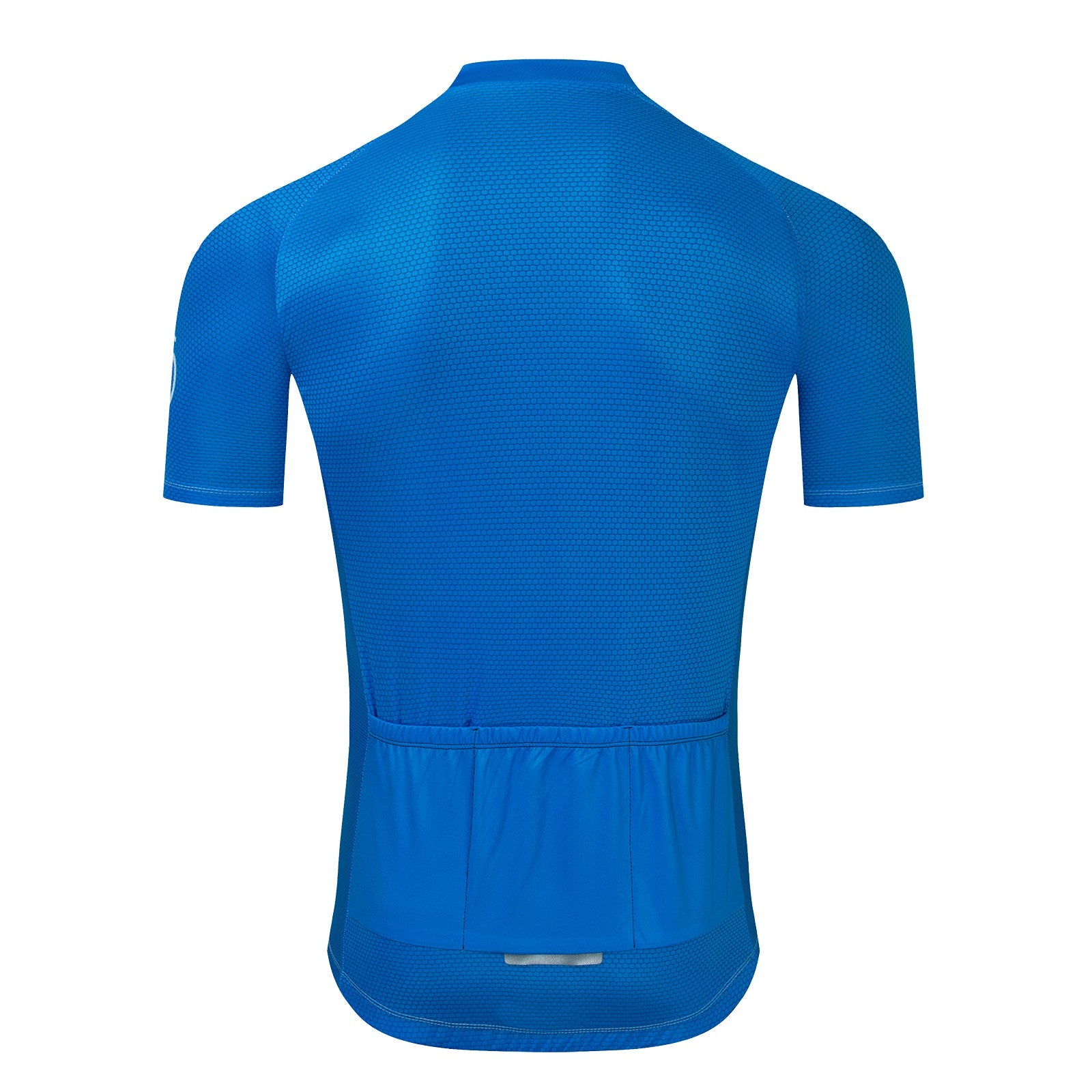 Shown from the back, the Bike Logo Blue Cycling Jersey Set features a breathable mesh texture and multiple lower back pockets, ensuring functionality and comfort during rides.