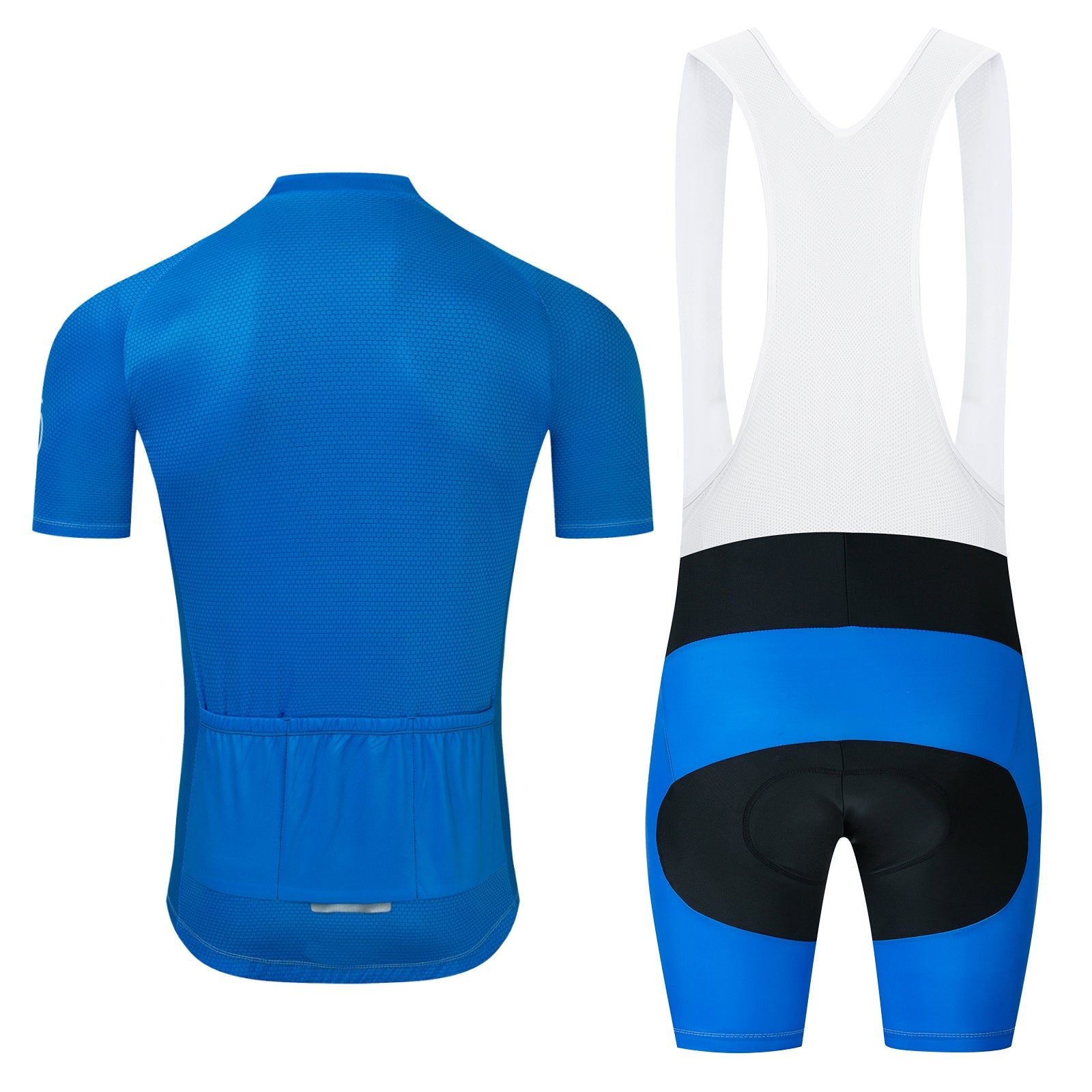 Displayed is the Bike Logo Blue Cycling Jersey Set, including a breathable short-sleeve blue jersey with white trim and back pockets, paired with blue and black bib shorts featuring white straps and padded seat areas for ultimate comfort.