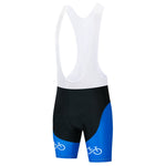 Introducing the Bike Logo Blue Cycling Jersey Set: Black bib shorts with blue side panels, white bib and shoulder straps, and small white bicycle icons on the blue sections for added flair.