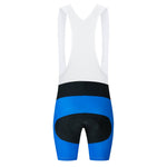 The Bike Logo Blue Cycling Jersey Set features performance cycling bib shorts with a white upper, and blue and black design on the lower part. The back view shows supportive straps and a padded seat for comfort, crafted as part of our breathable cycling apparel line.