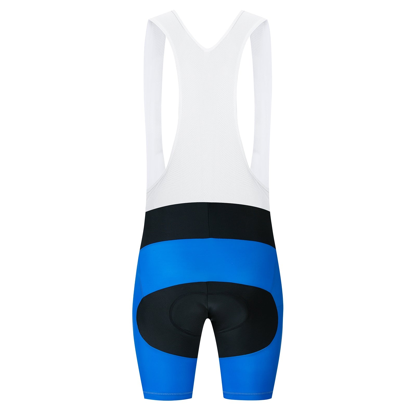 The Bike Logo Blue Cycling Jersey Set features performance cycling bib shorts with a white upper, and blue and black design on the lower part. The back view shows supportive straps and a padded seat for comfort, crafted as part of our breathable cycling apparel line.