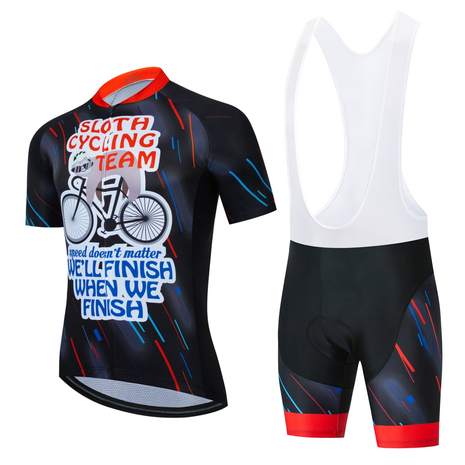 The Black Laser Sloth Cycling Team Set includes a black and red sloth-themed jersey with a bicycle graphic and the motto Sloth Cycling Team. Speed doesnt matter, well finish when we finish, paired with matching black and white bib shorts, perfect for leisurely cyclists.