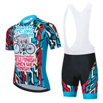 The Blue Zigs Sloth Cycling Team Set is a fun and functional ensemble, featuring a lightweight polyester jersey with bicycle graphics and the phrase Sloth Cycling Team: Well finish when we finish, paired with black and blue bib shorts and a white upper.