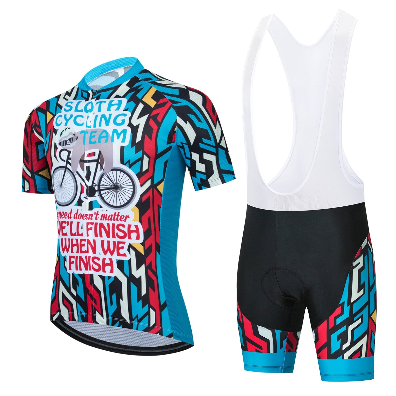 The Blue Zigs Sloth Cycling Team Set is a fun and functional ensemble, featuring a lightweight polyester jersey with bicycle graphics and the phrase Sloth Cycling Team: Well finish when we finish, paired with black and blue bib shorts and a white upper.