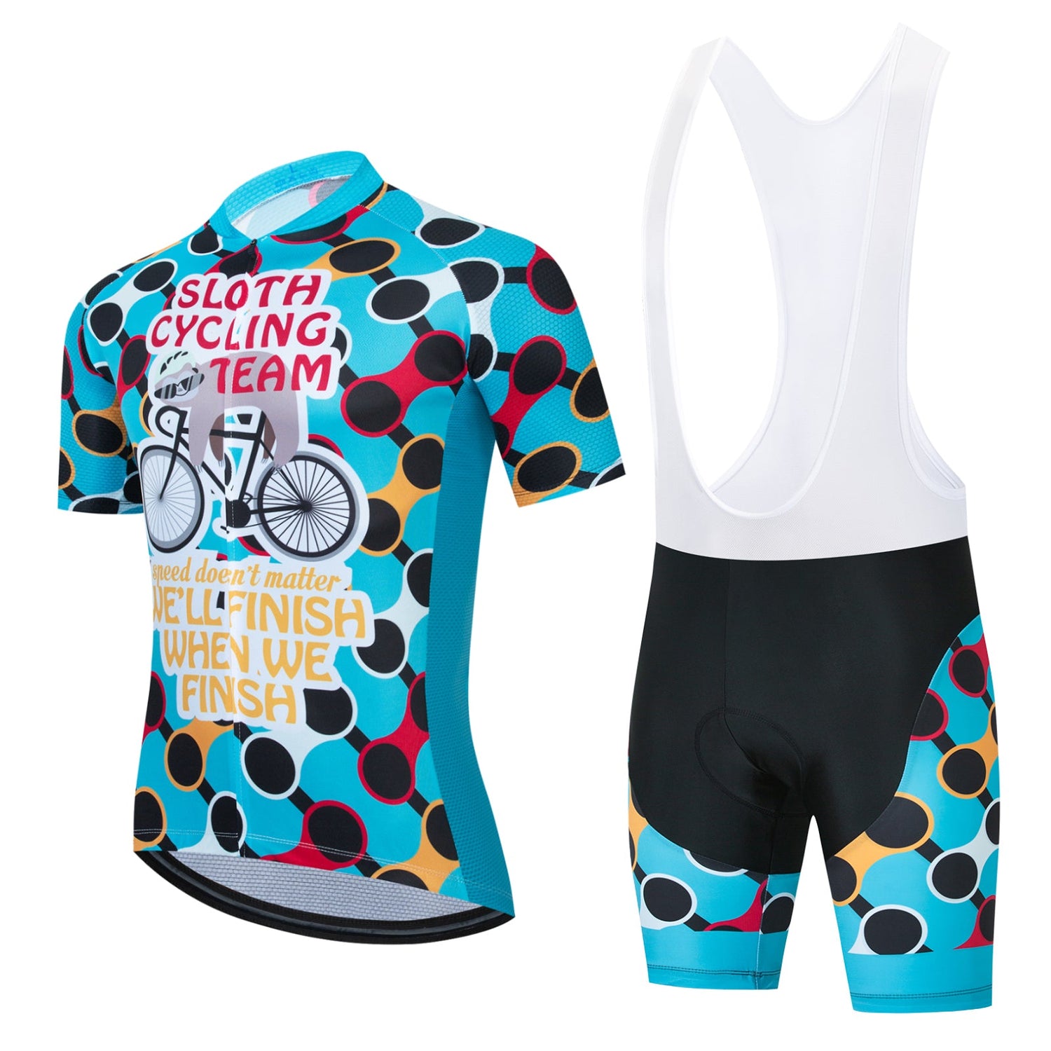 The Bright Chain Sloth Cycling Team Set features a vibrant sloth-themed cycling jersey and bib shorts adorned with blue, yellow, red, and black polka dots. Crafted from lightweight polyester, the jersey displays a bicycle graphic with the motto: SLOTH CYCLING TEAM. It doesnt matter; well finish when we finish.