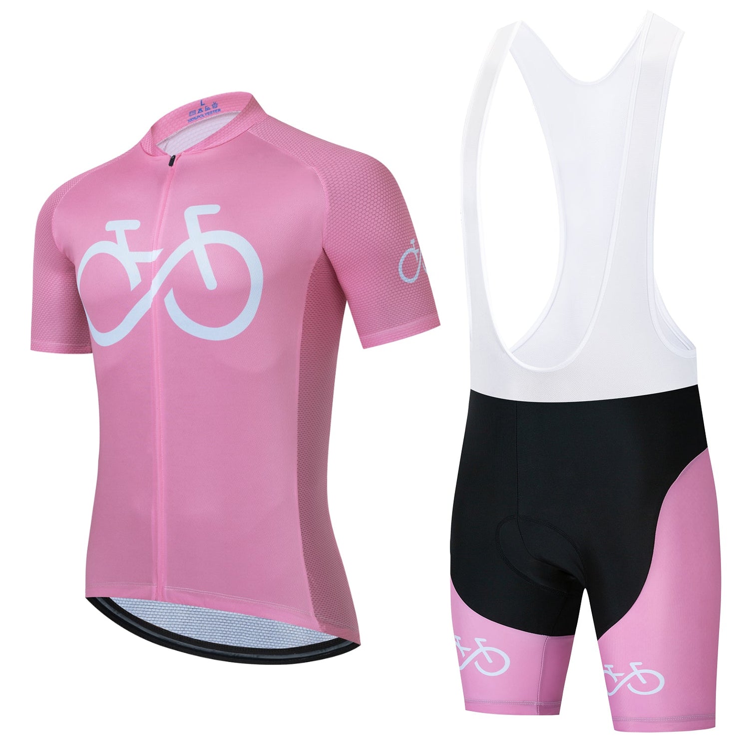 The Bike Logo Pink Cycling Jersey Set includes a pink short-sleeve jersey with a white bicycle design for style and breathability, and pink bib shorts with black accents for optimal performance. White straps on the bib complete this chic cycling ensemble.