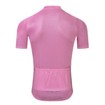 The Bike Logo Pink Cycling Jersey Set features a back view of a pink jersey with short sleeves and a textured pattern. It has three rear pockets and a slightly elongated back hem for extra coverage.