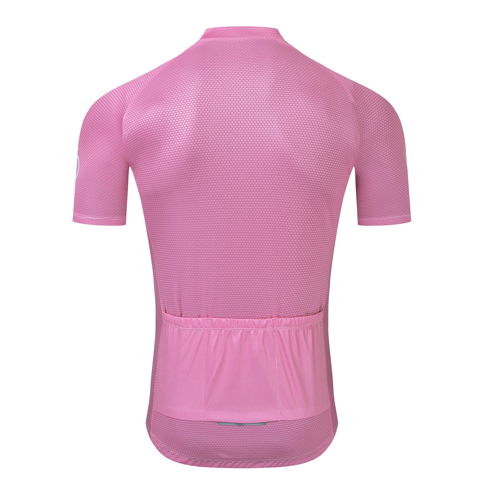 The Bike Logo Pink Cycling Jersey Set features a back view of a pink jersey with short sleeves and a textured pattern. It has three rear pockets and a slightly elongated back hem for extra coverage.