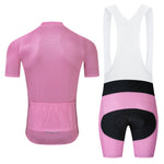 Front and back view of the Bike Logo Pink Cycling Jersey Set: a breathable short-sleeve jersey and bib shorts, featuring a mesh design with rear pockets, white strap section, and black padded area.