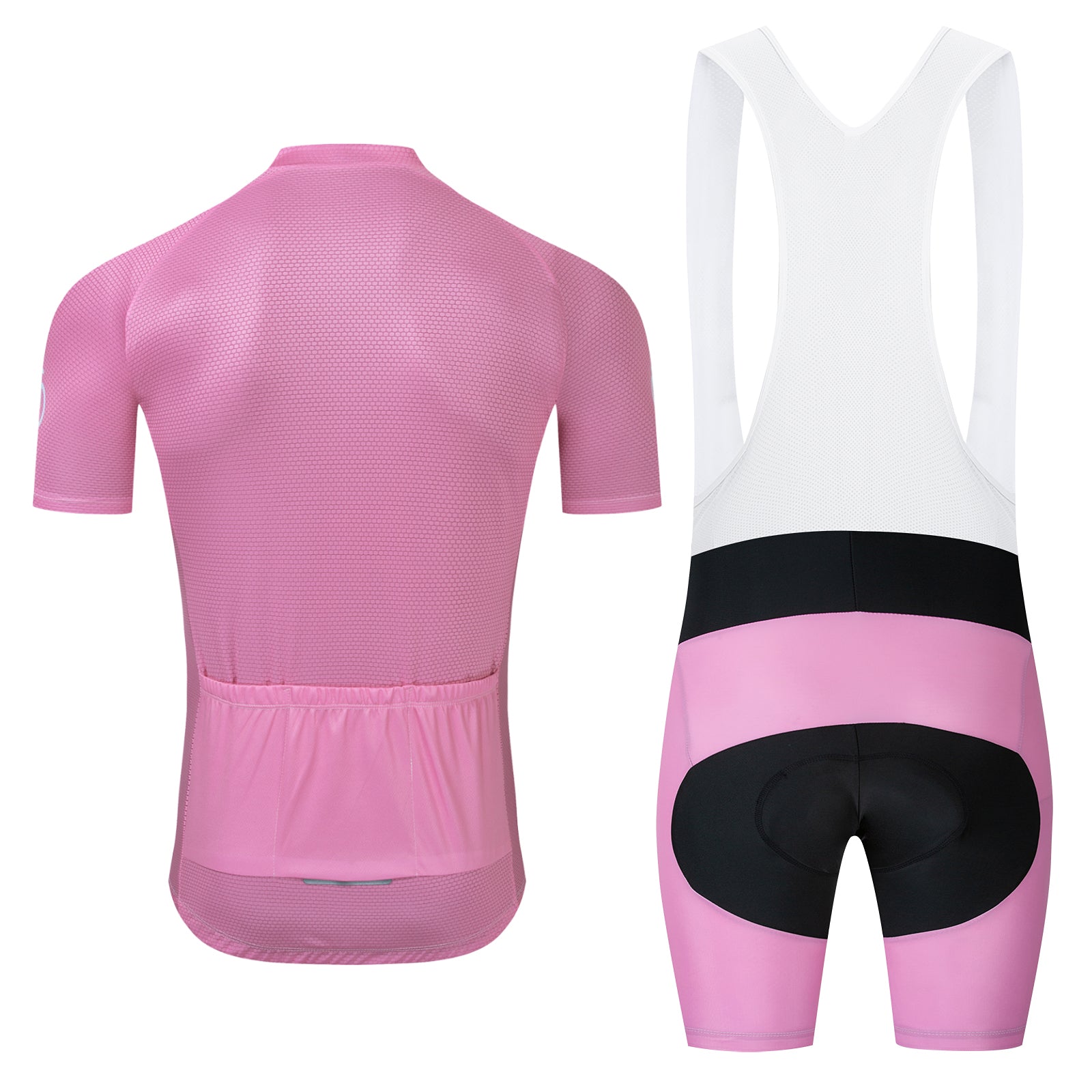 Front and back view of the Bike Logo Pink Cycling Jersey Set: a breathable short-sleeve jersey and bib shorts, featuring a mesh design with rear pockets, white strap section, and black padded area.