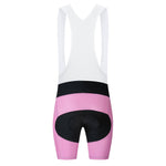 The Bike Logo Pink Cycling Jersey Set features pink and black bib shorts with white strap back, offering comfort and performance. Designed with a prominent black padded section for support, these shorts maintain a sleek, professional look ideal for dedicated cyclists.