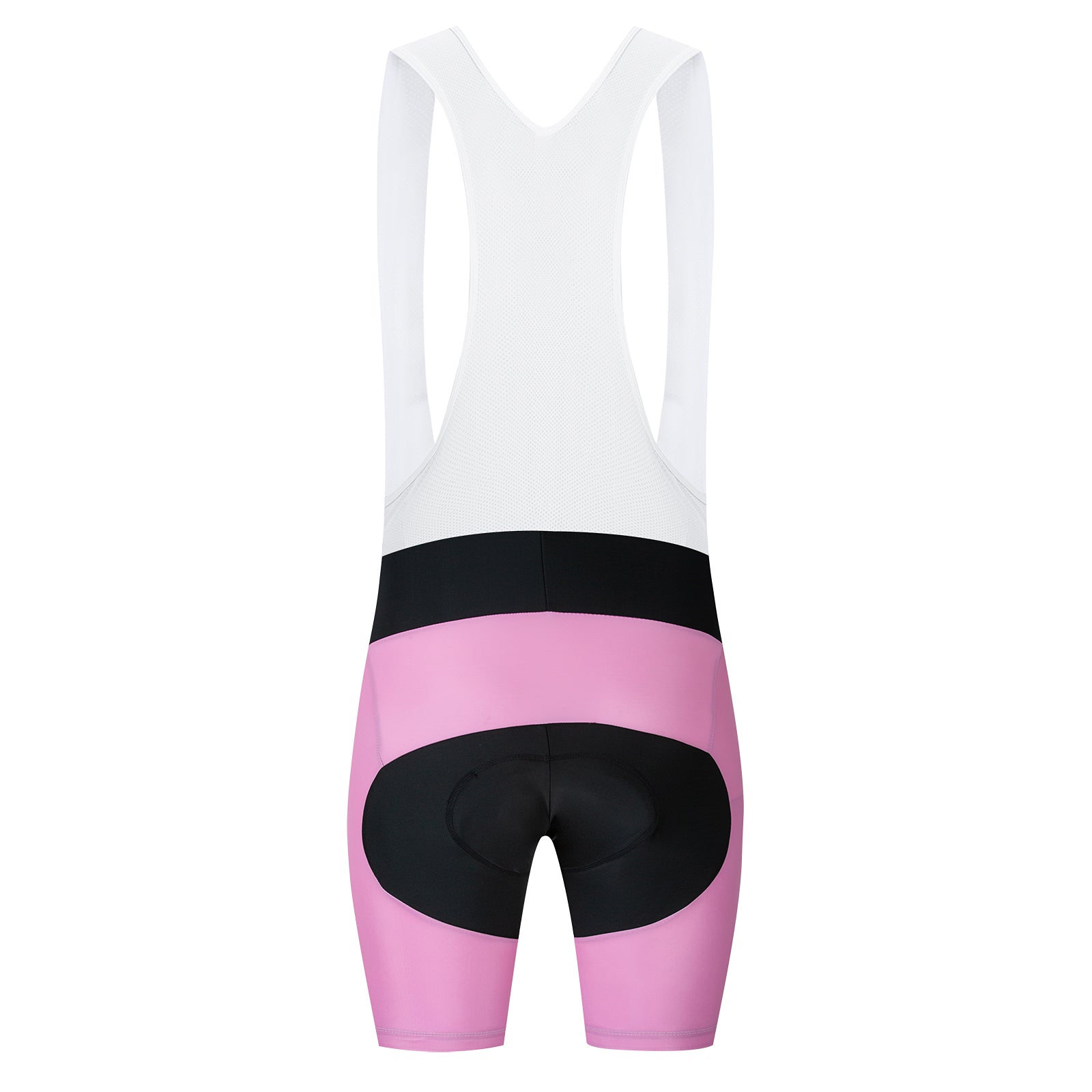 The Bike Logo Pink Cycling Jersey Set features pink and black bib shorts with white strap back, offering comfort and performance. Designed with a prominent black padded section for support, these shorts maintain a sleek, professional look ideal for dedicated cyclists.